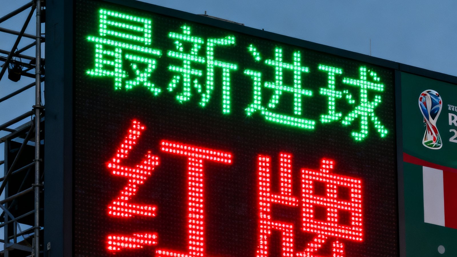 世界杯实时比分看板，绿色和红色数字闪烁显示最新进球与红牌